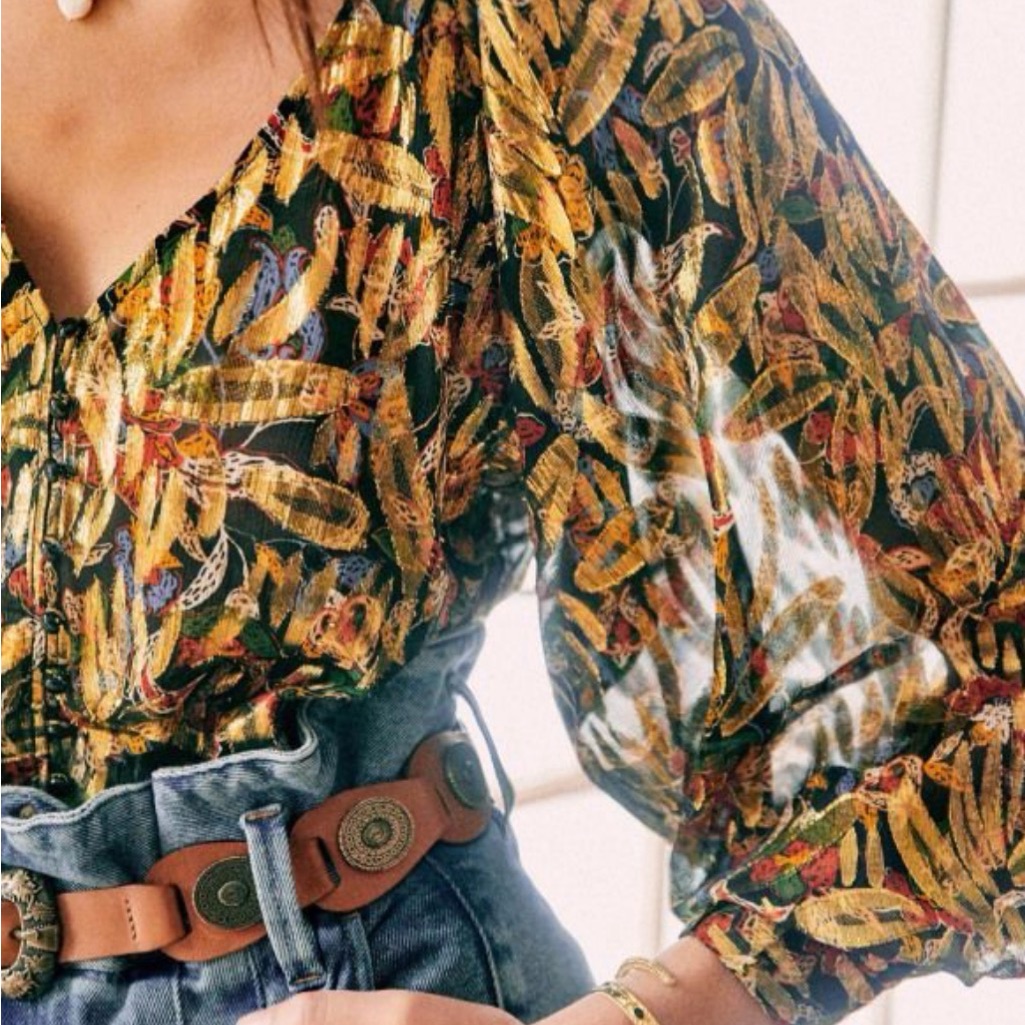 Sezane Erica Blouse - Gold Botanical Print - Size 34 Fr